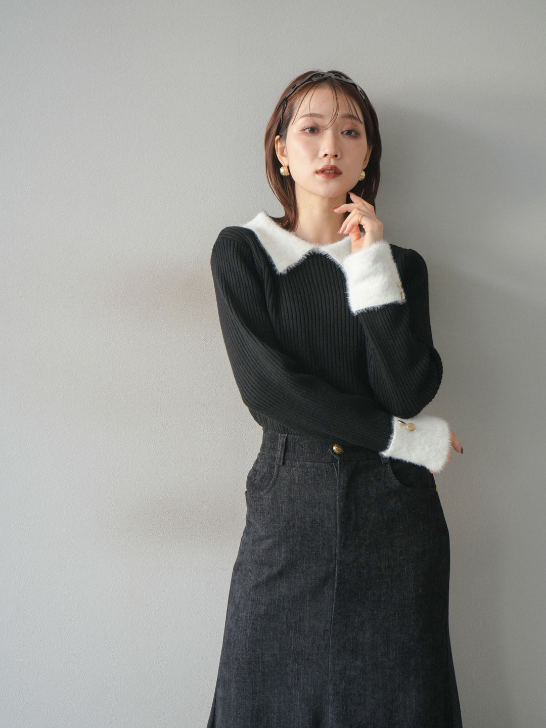 [SET]シャギー襟リブニットトップス+ベルベットマーメイドスカート(2set)