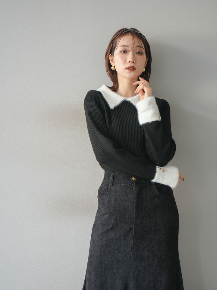 [SET]シャギー襟リブニットトップス+ベルベットマーメイドスカート(2set)