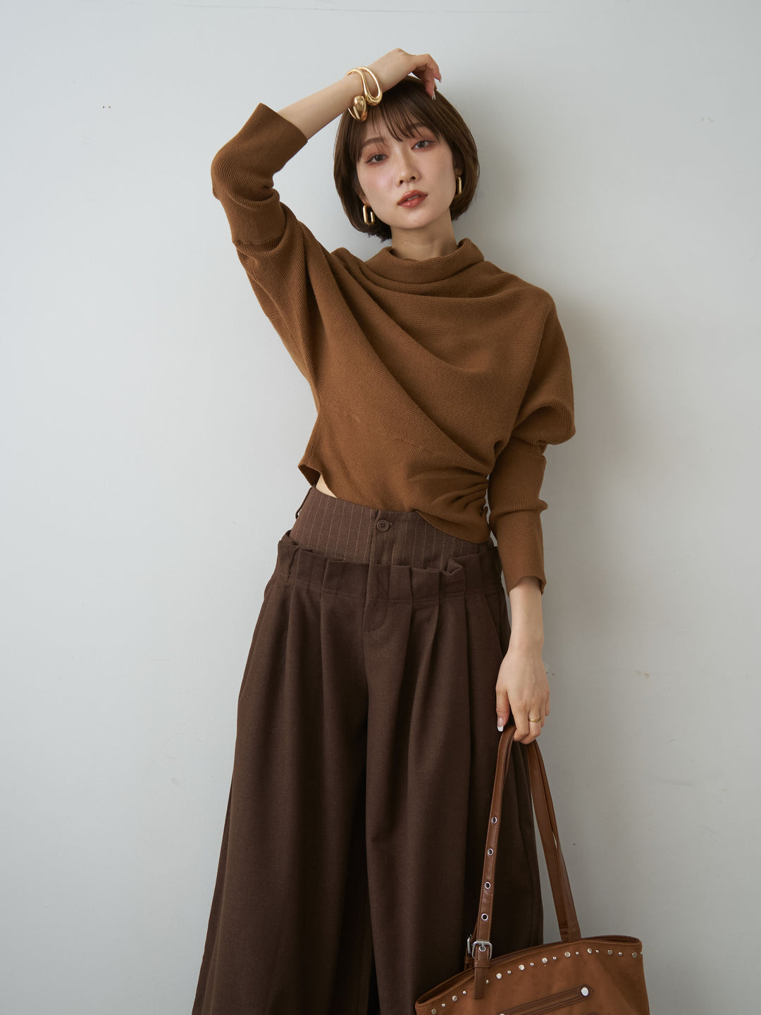 [SET]ハイネックサイドボタンギャザーニットトップス+ハイネックサイドボタンギャザーニットトップス(2set)