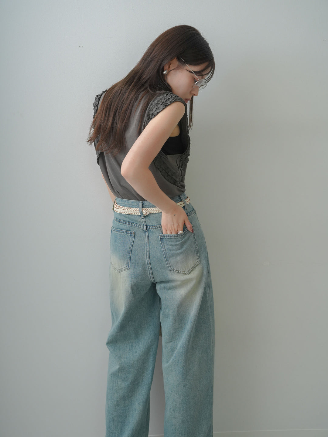 [SET]ホイップフリルフレンチTEE+センターラインワイドストレートデニム(2set)