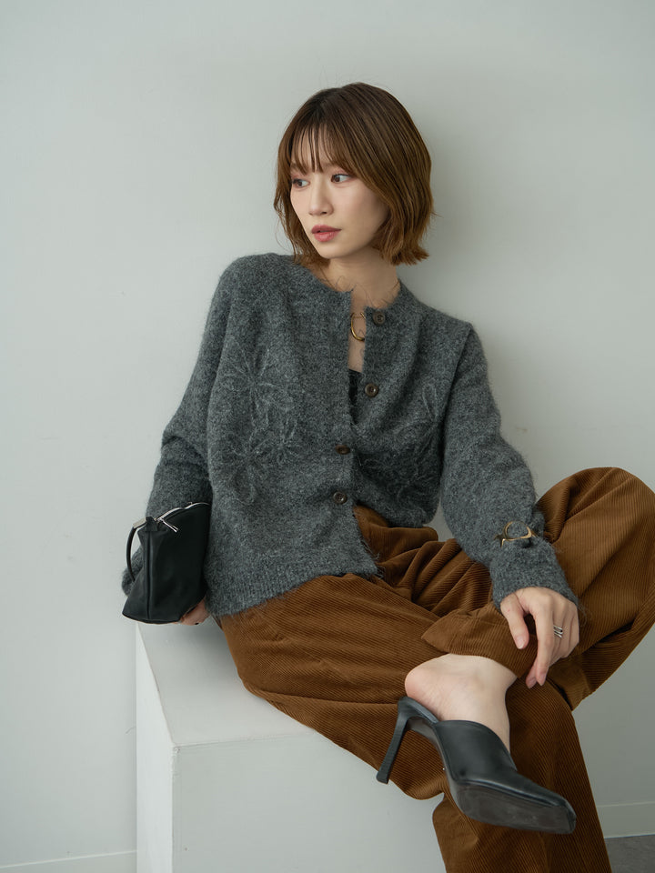[SET]フラワーエンブロイダリーカーディガン+ベルト付コーディロイワイドストレートパンツ(2set)
