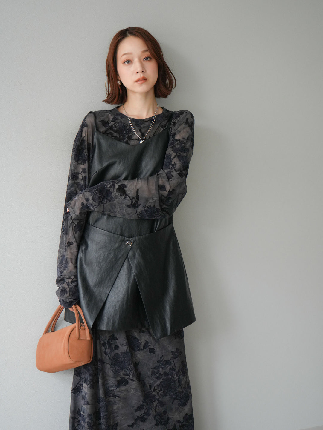 [予約]レイヤードレザーキャミソールチュニック/ブラック