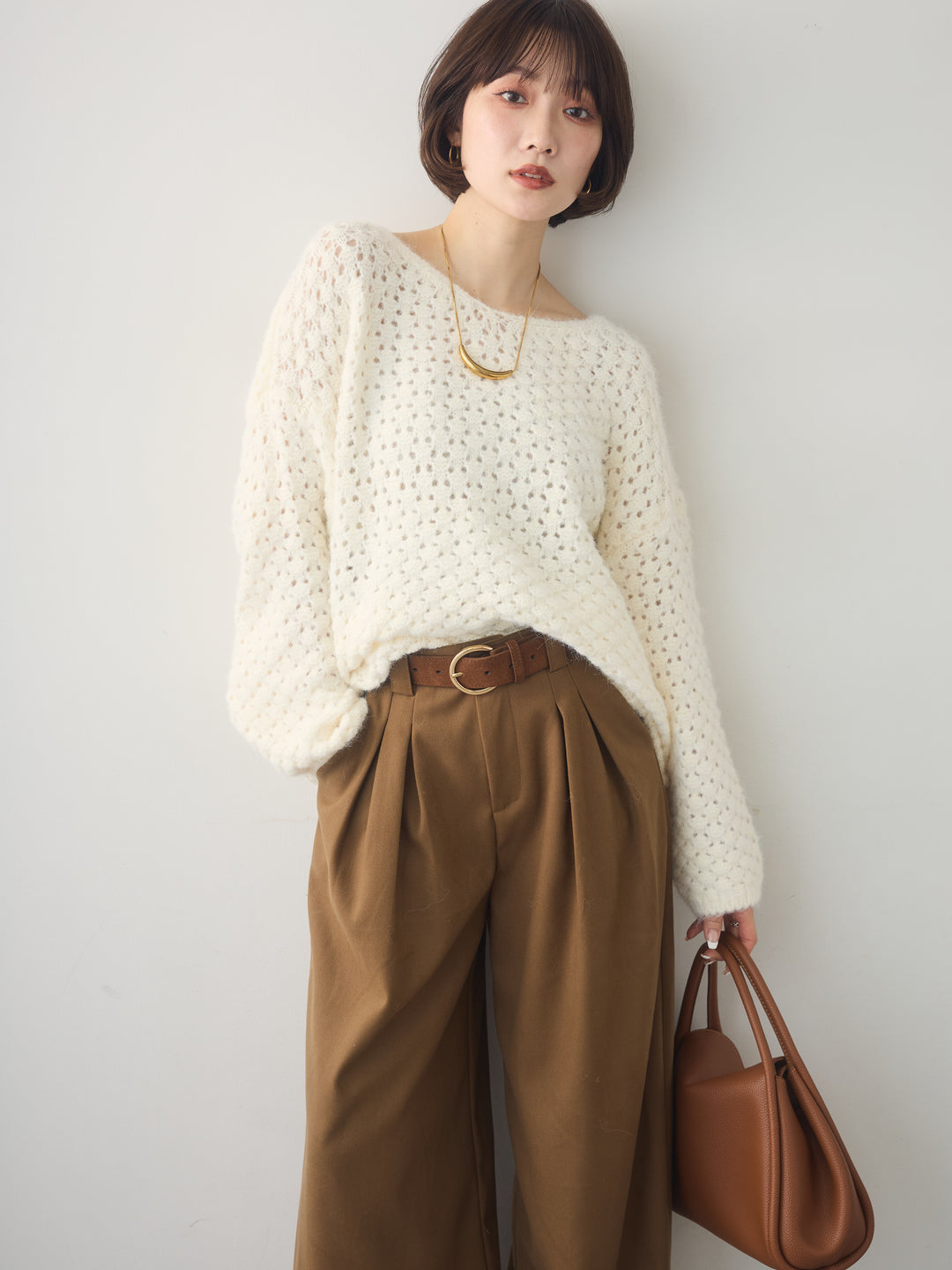 [SET]ニットベルト付ポップコーンプルオーバー+ダブルタックドレープストレートワイドパンツ(2set)