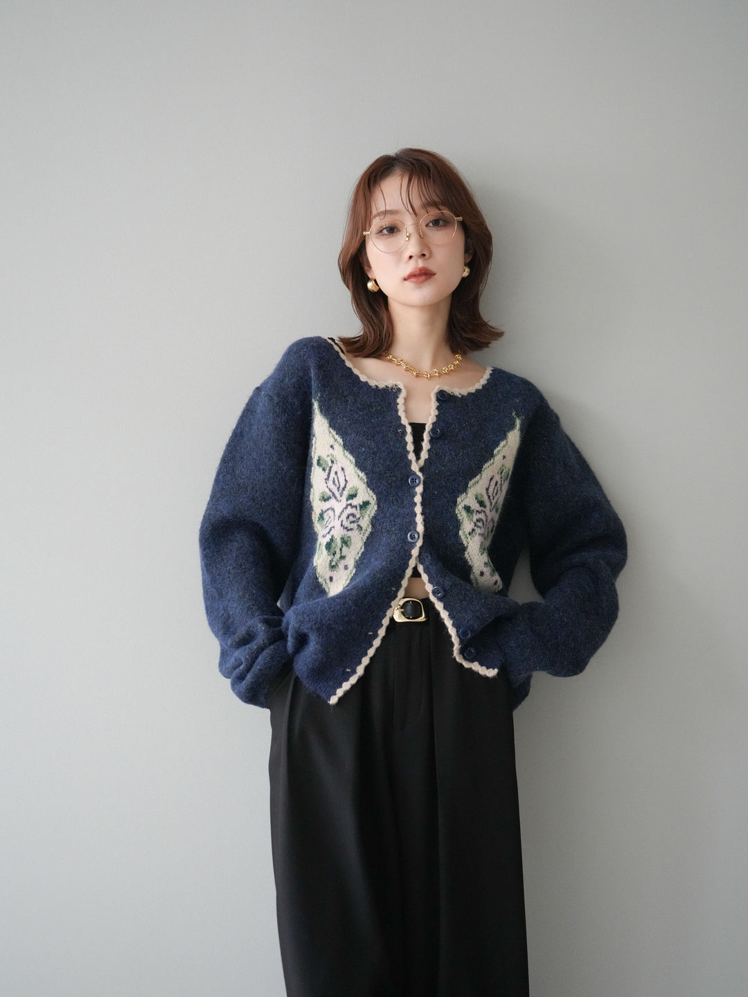 [予約]アンティークフラワージャガードニットカーディガン/navy