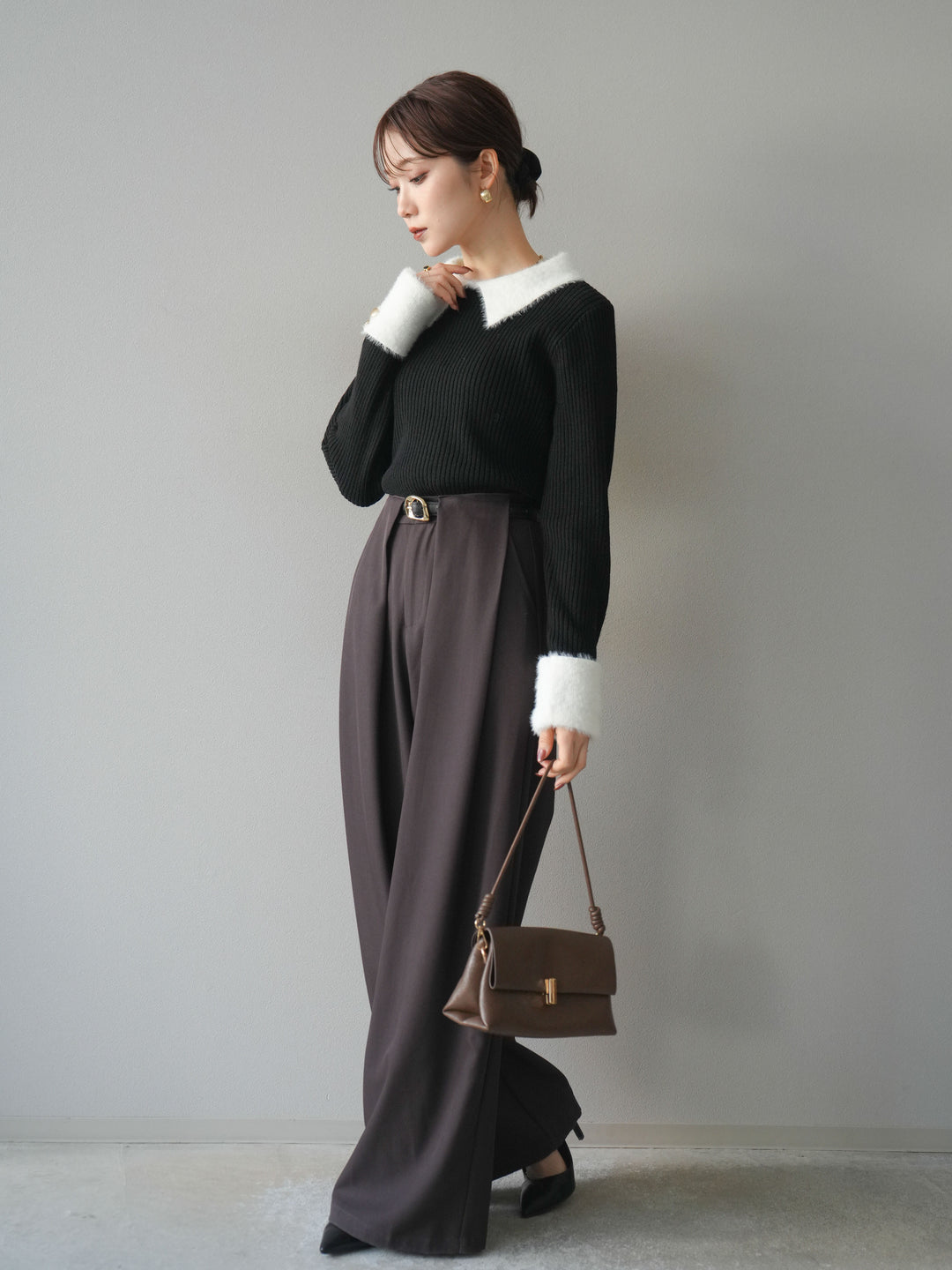 [SET]シャギー襟リブニットトップス+ベルトループデザインワイドパンツ(2set)