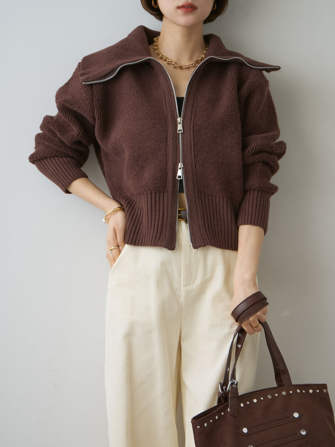 [SET]リブカラー圧縮ブークレニットブルゾン+ベルト付コーディロイワイドストレートパンツ(2set)