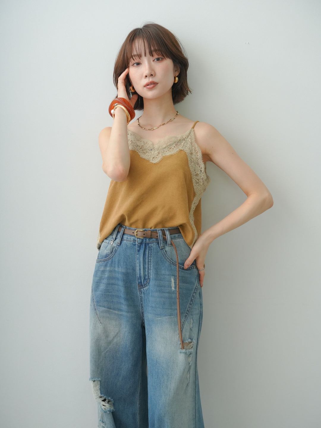 [SET]スウェードタッチレースコンビキャミソール+ヘムタックダメージワイドデニム(2set)