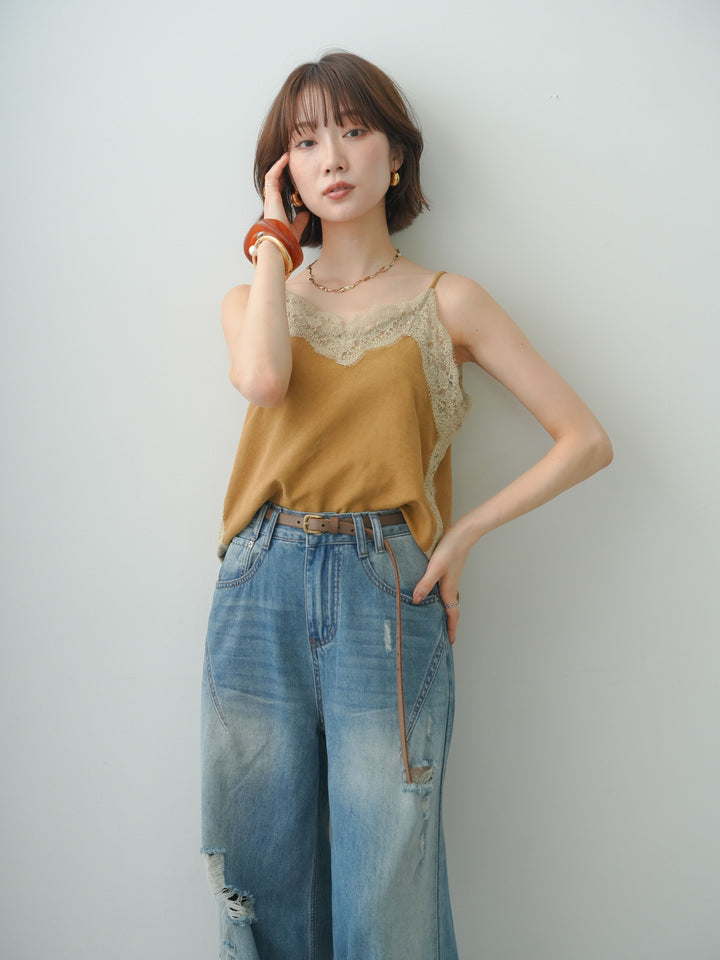 [SET]スウェードタッチレースコンビキャミソール+ヘムタックダメージワイドデニム(2set)