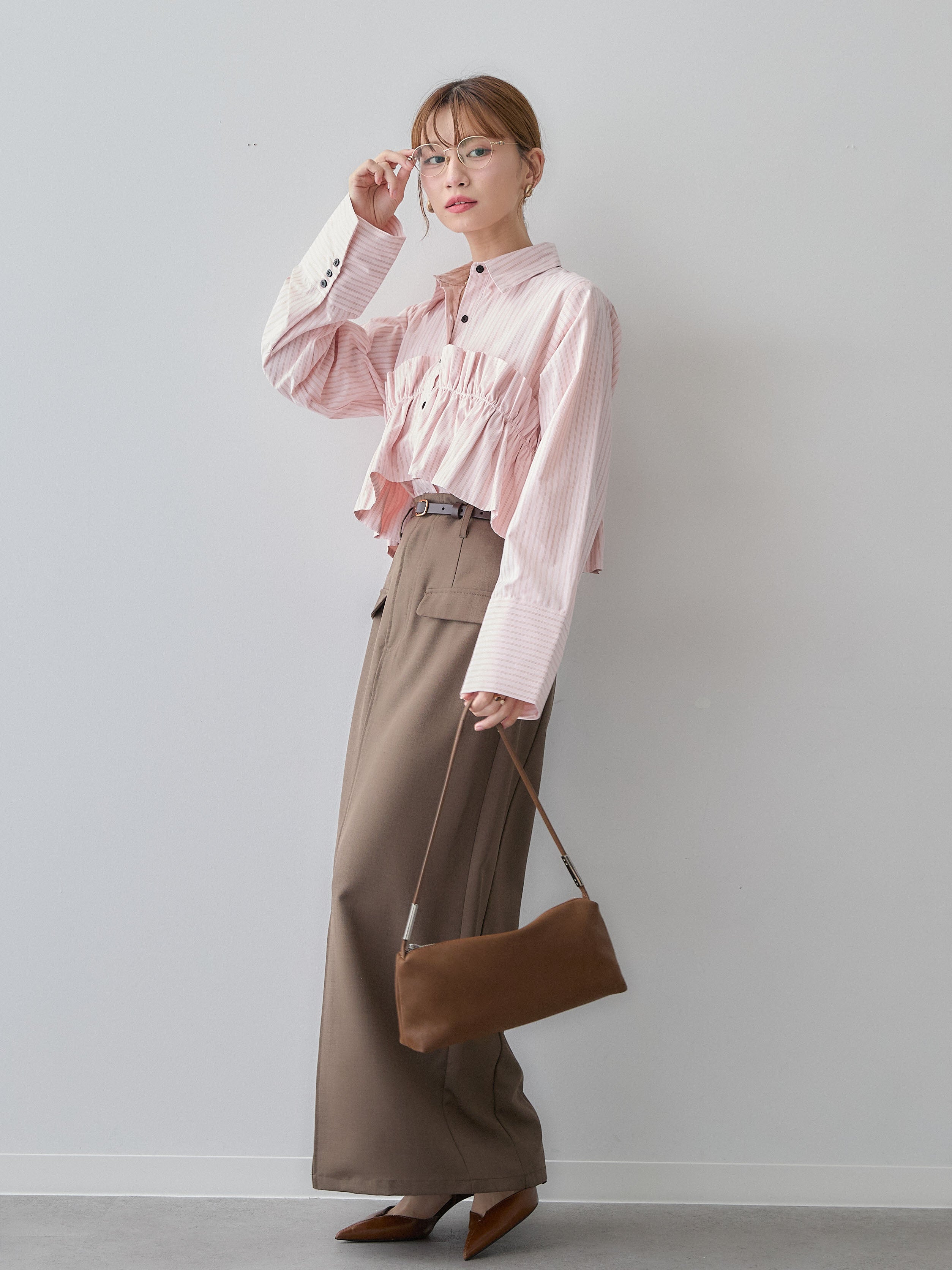 SET]ストライプフリルシャツ+クレープデシンフラップ付きストレート