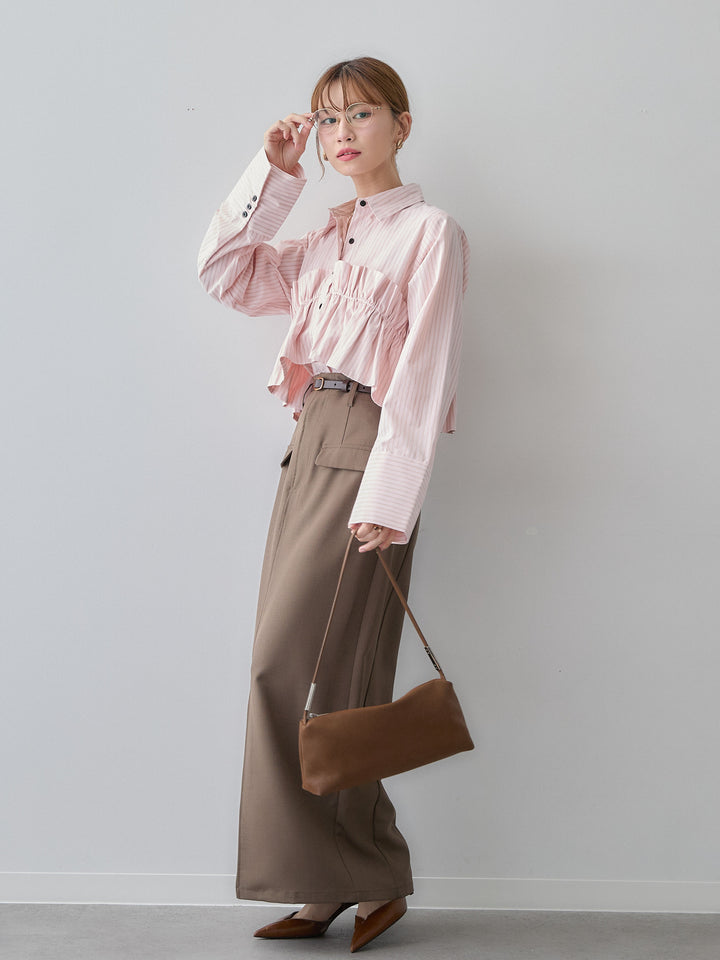 [SET]ストライプフリルシャツ+クレープデシンフラップ付きストレートスカート(2set)