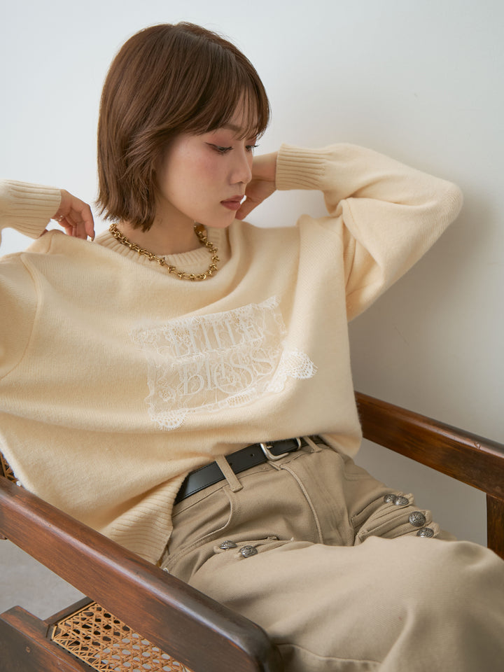 [SET]アルパカタッチ刺繍レースロゴニットプルオーバー+選べるアクセセット(2set)