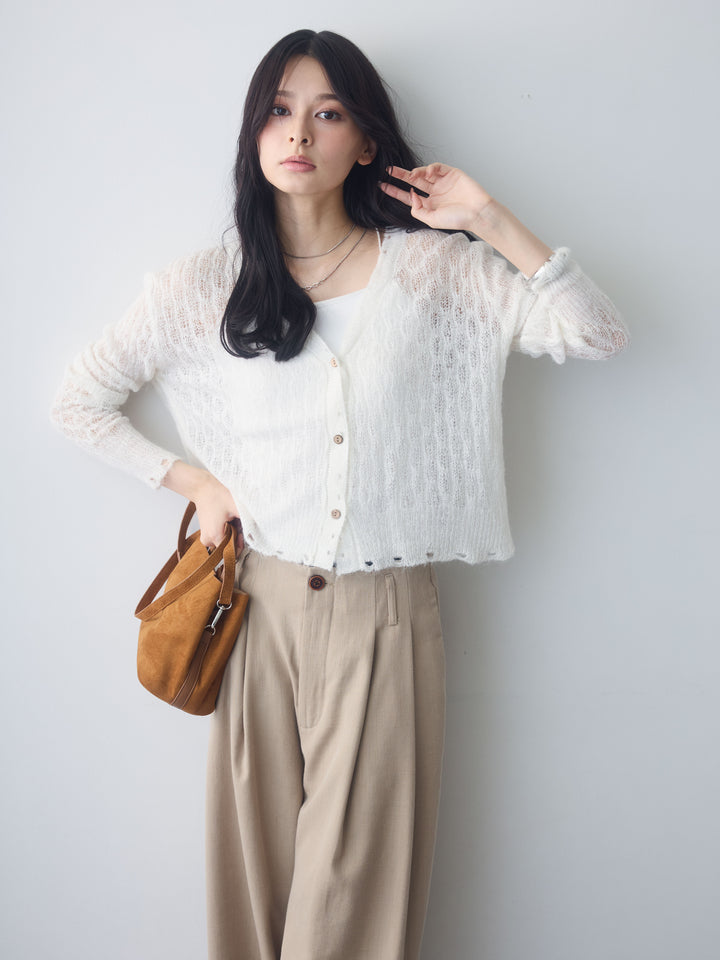 [SET]ダメージテクスチャーシアーニットカーディガン+ツータックドレープストレートパンツ(2set)