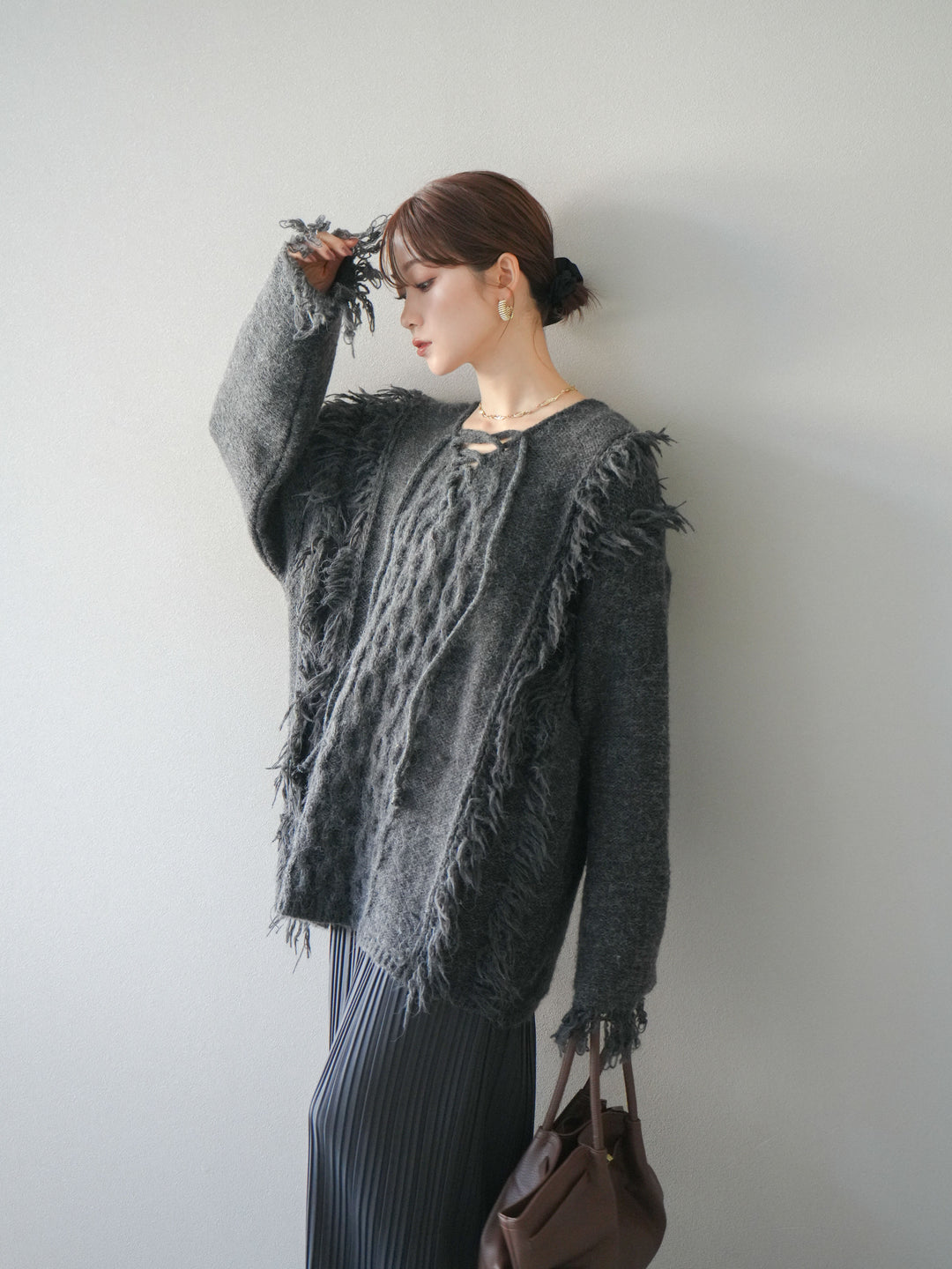 [予約]レースアップフリンジニットプルオーバー/gray