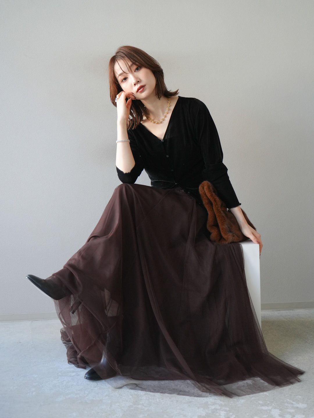 [予約]ベロアカーディガン/black