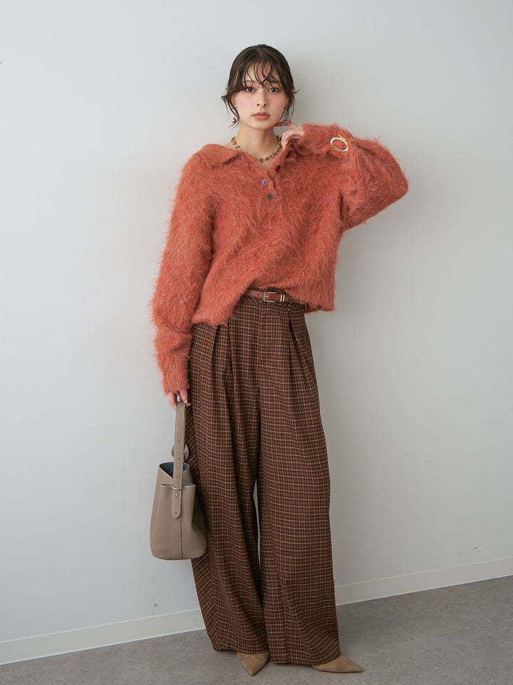 [SET]ヘンリーシャギーニットトップス+チェックタックワイドパンツ(2set)