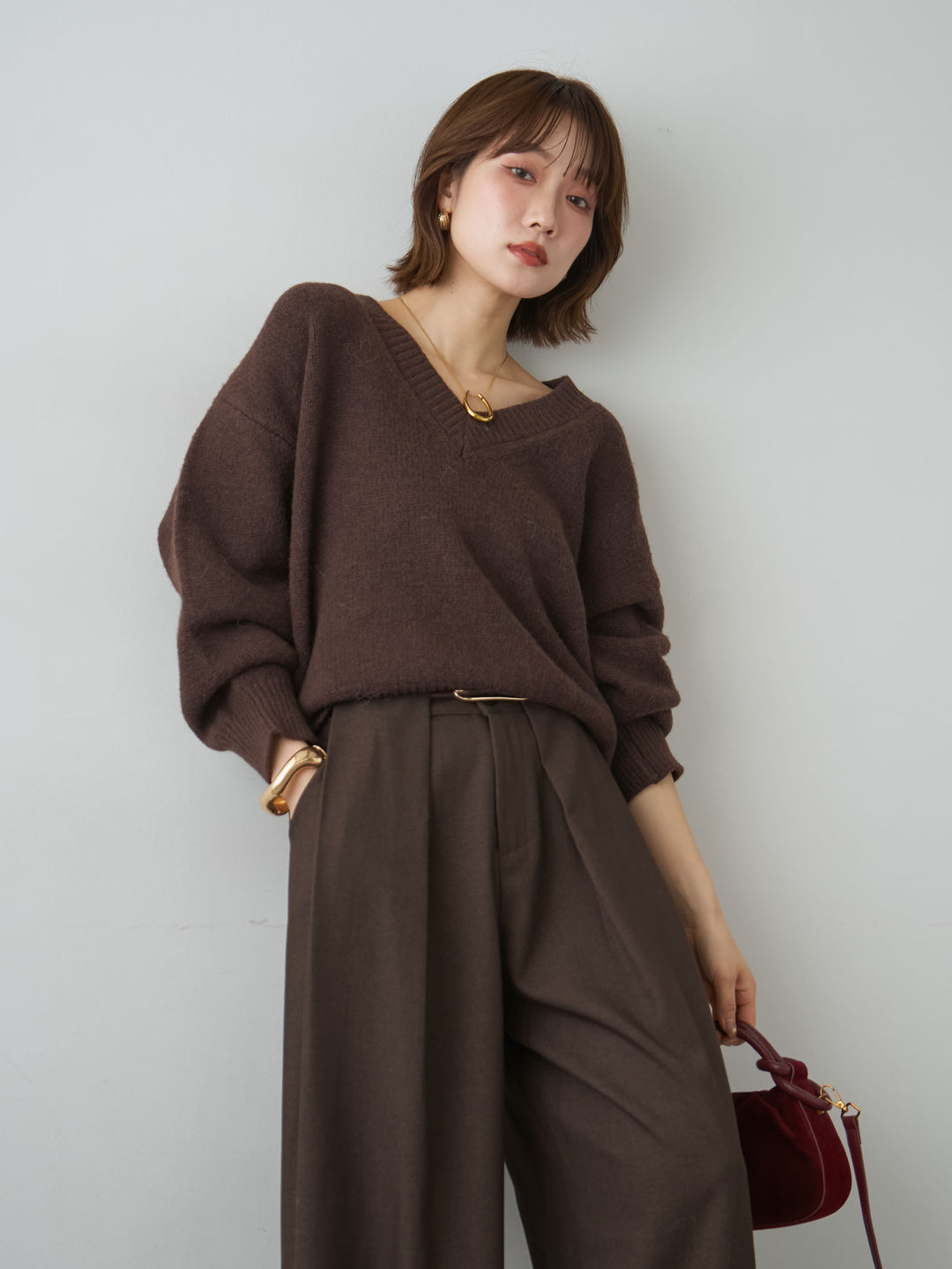 [予約]Vネックワイドショートニット/brown