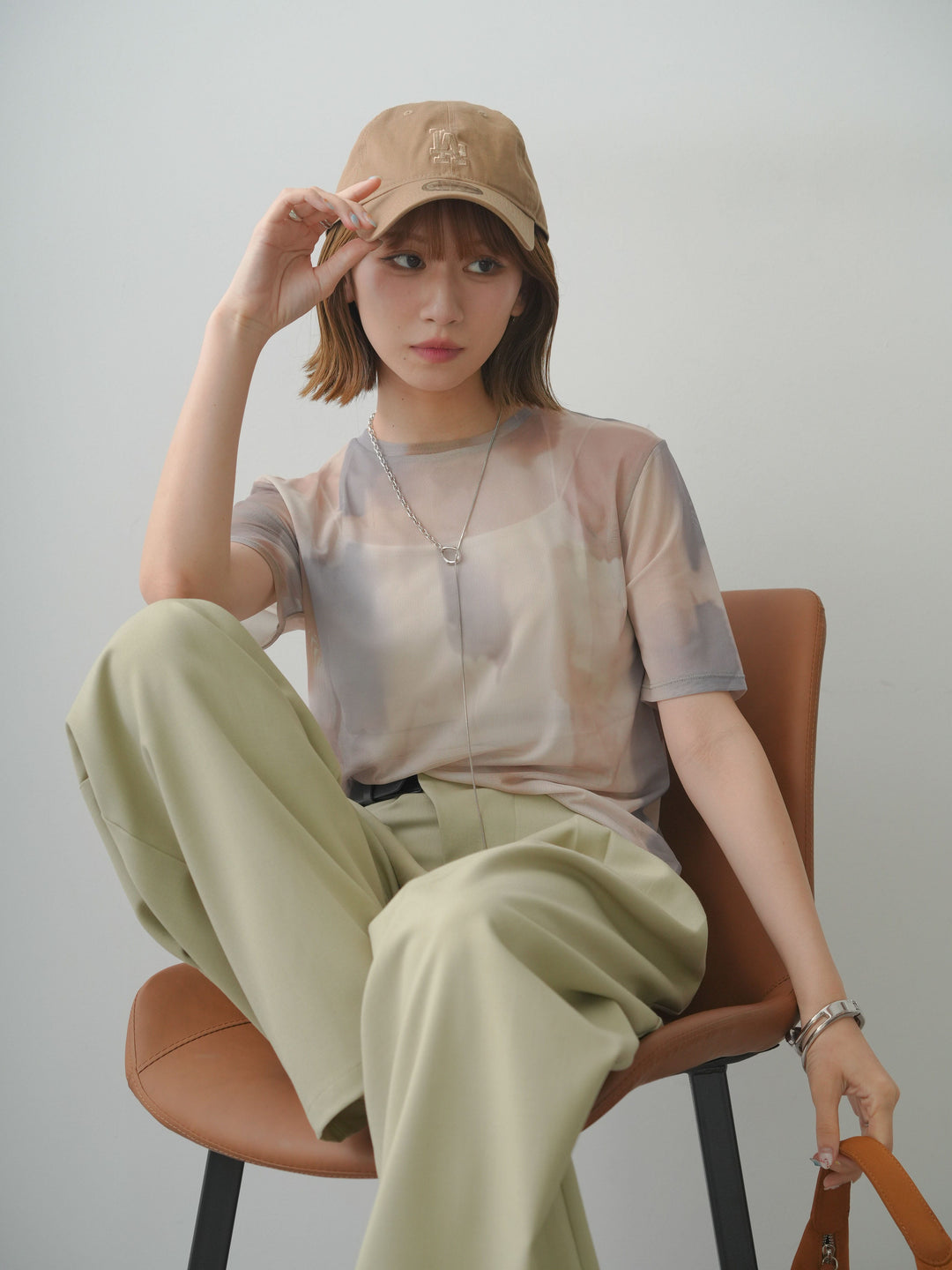 [SET]水彩アートシアーTシャツ+アシンメトリーベルトタックワイドパンツ(2set)