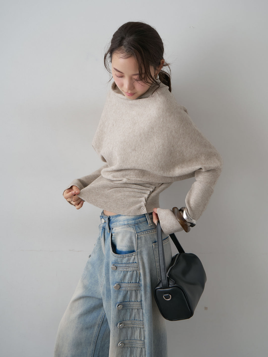 [SET]ハイネックサイドボタンギャザーニットトップス+ハイネックサイドボタンギャザーニットトップス(2set)