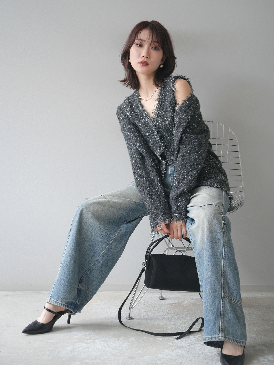 [予約]ネップフリンジニットカーディガン/ gray