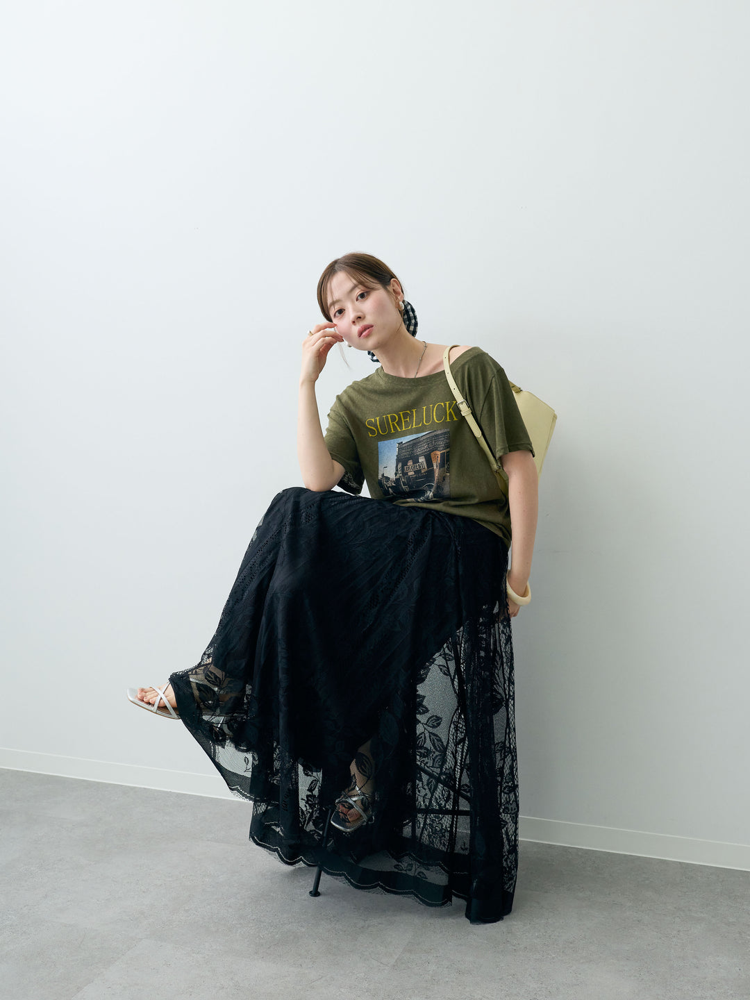 [SET]ワイドネックプリントTEE+ボタニカルパネルレースフレアスカート(2set)
