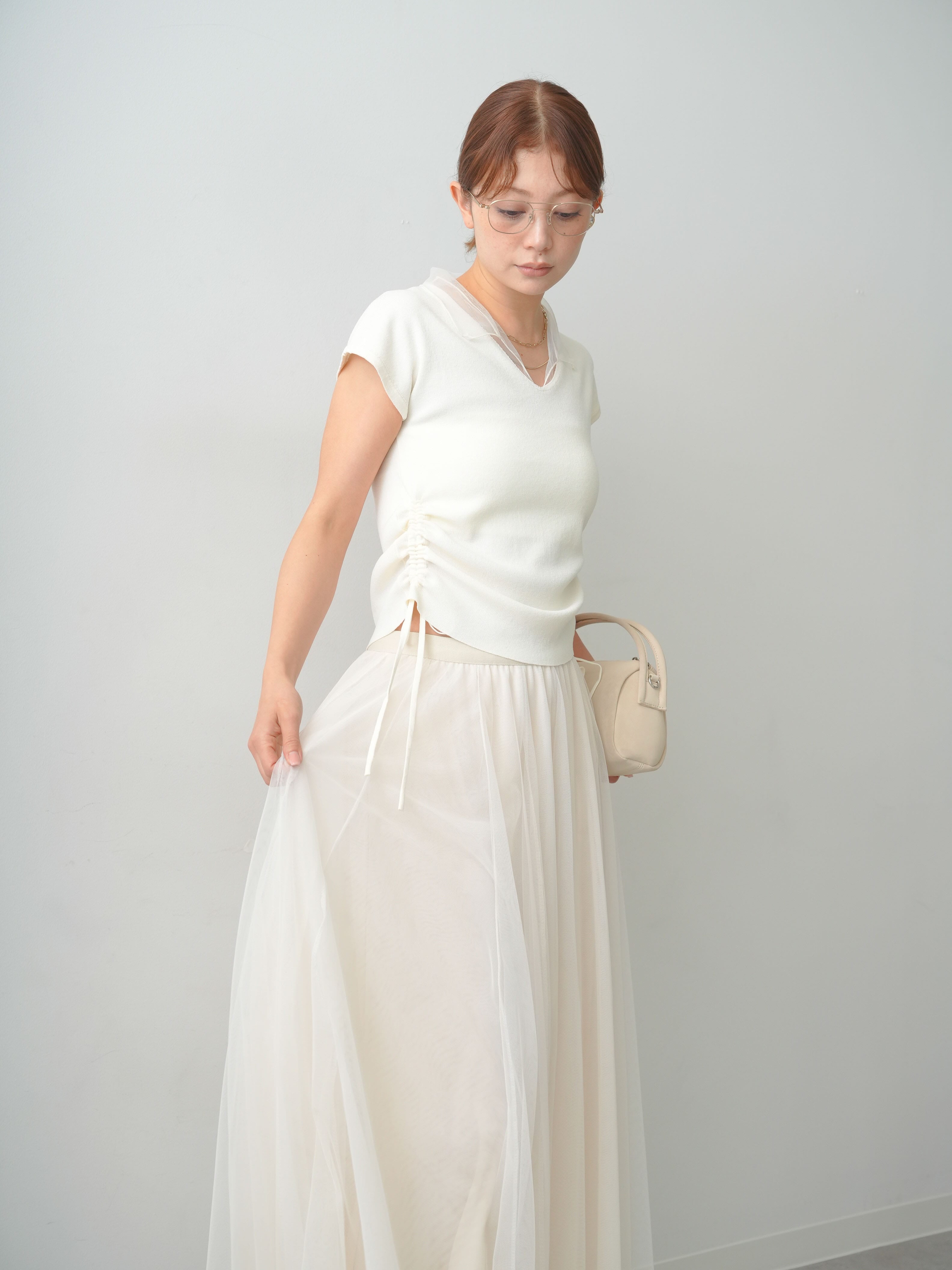 予約]チュールカラーサイドギャザーフレンチニットトップス/ivory – Lumier