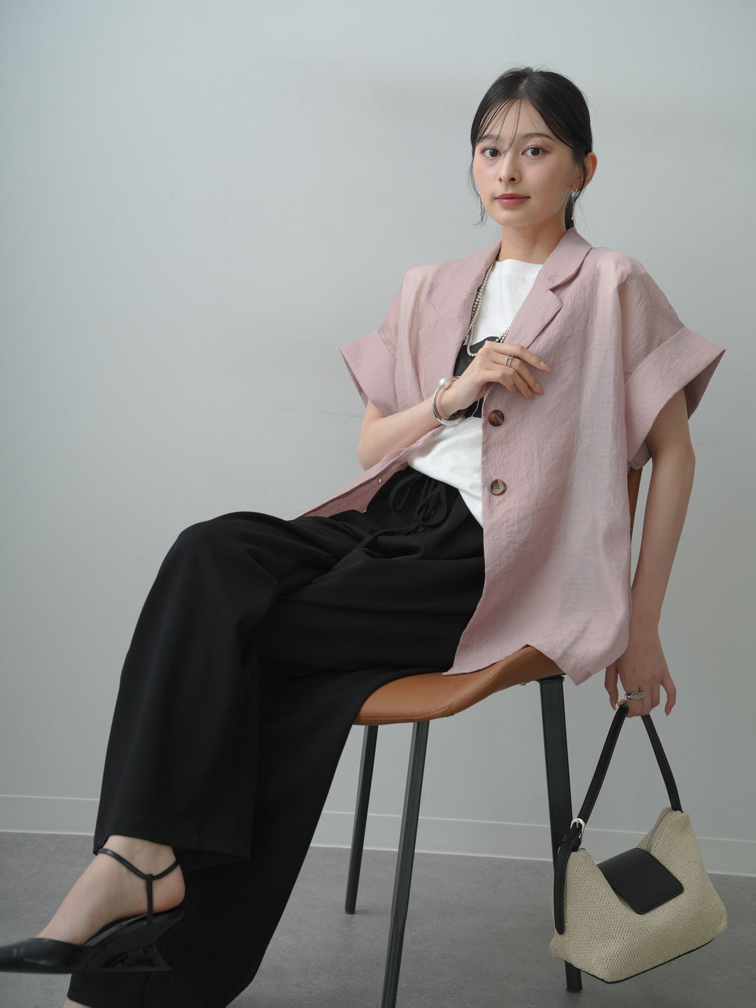 [SET]シアーオーバー半袖ジャケット+ショルダータックノースリーブオーバーTEE(2set)