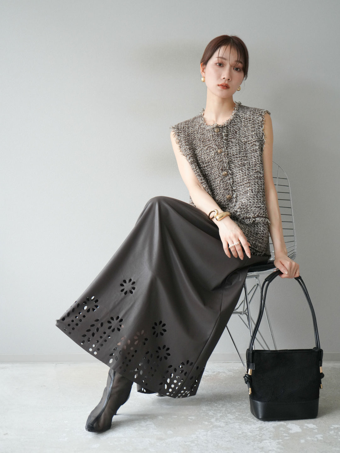 [予約]ミックスツイードフリンジニットベスト/ブラウン