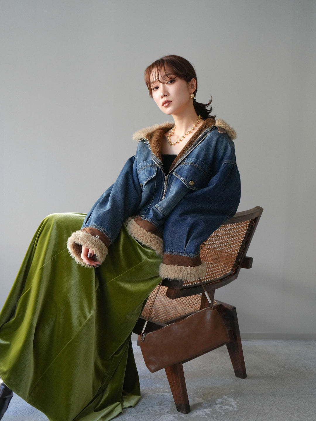 [予約]スタンドカラーファー×デニムジャケット/blue