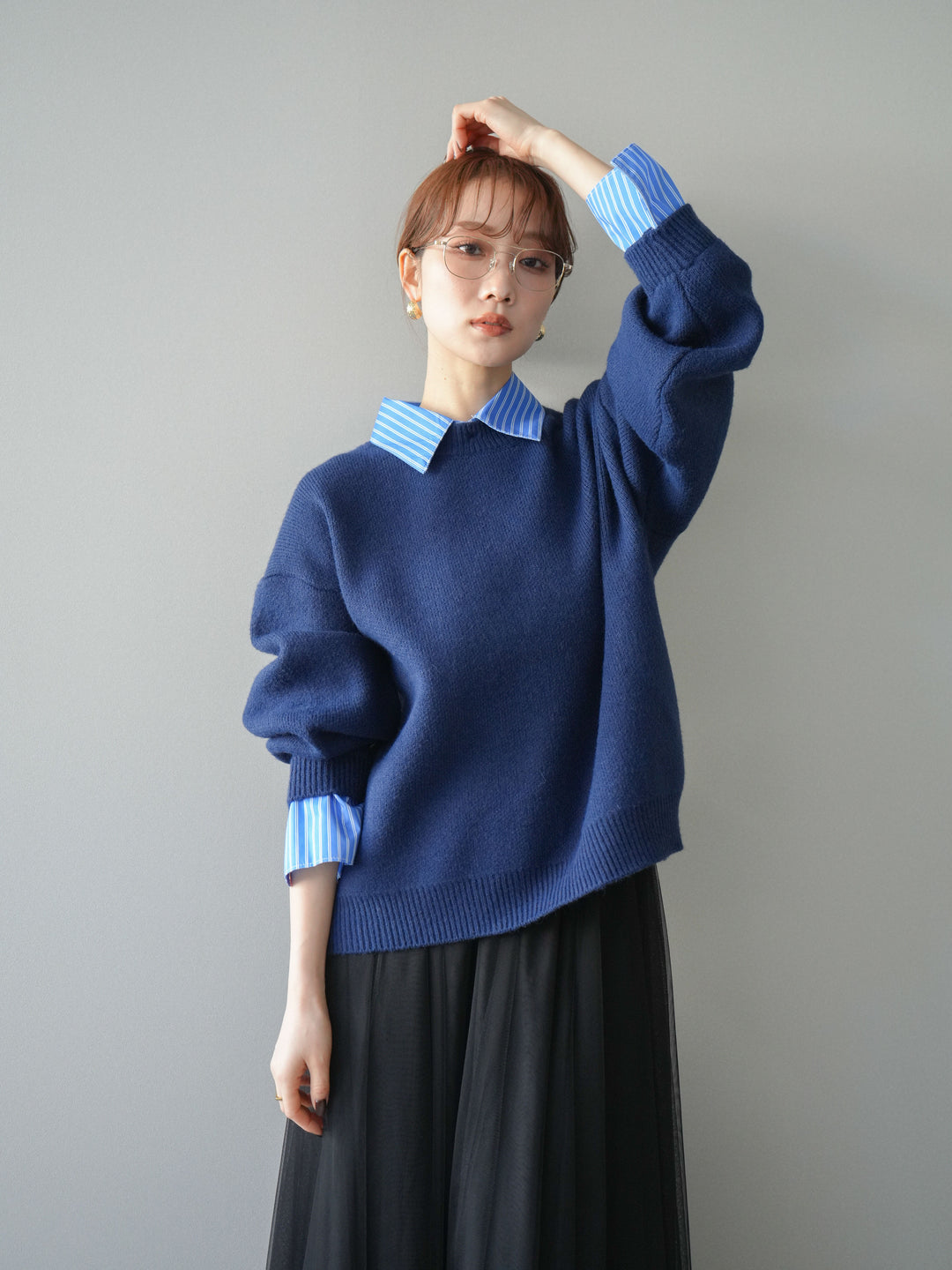 [予約]2WAY襟ニットプルオーバー/navy