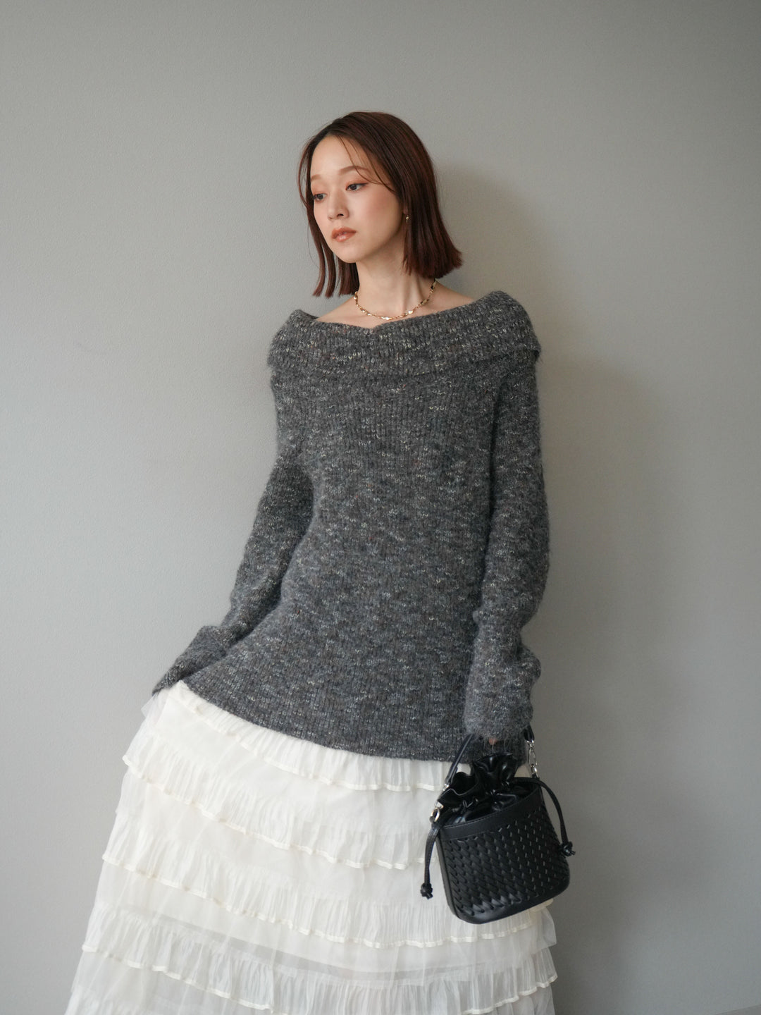 [予約]ミックスヤーンオフショルルーズニットプルオーバー/グレー