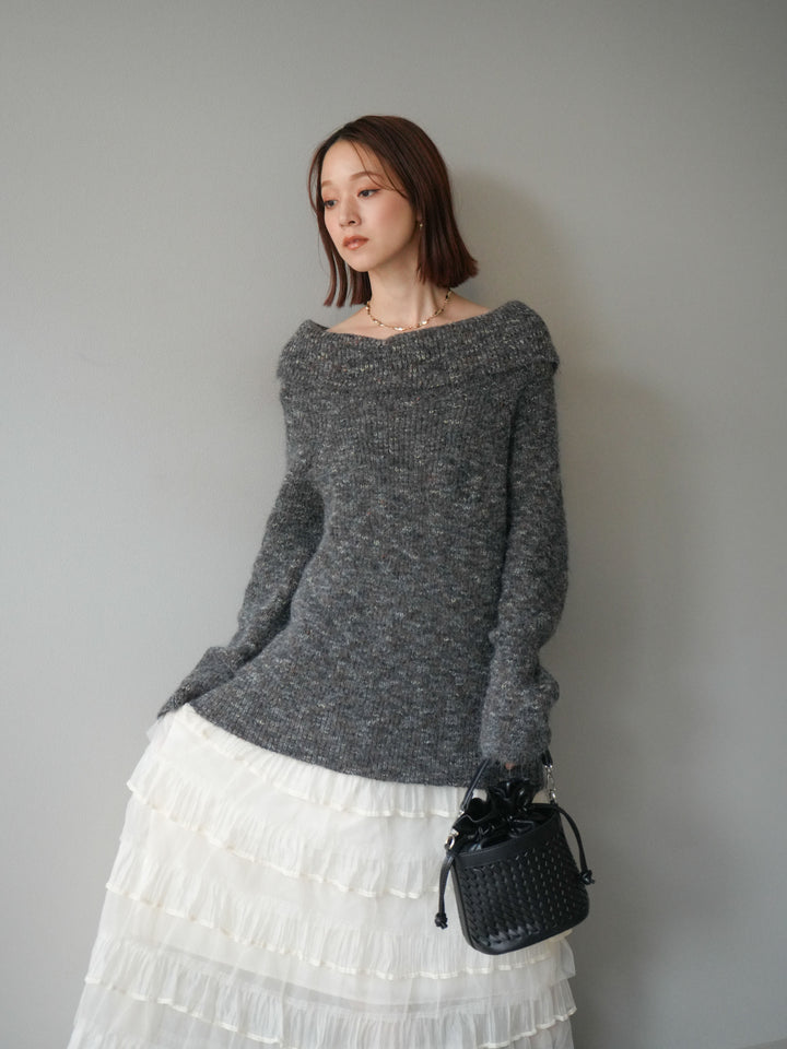 [予約]ミックスヤーンオフショルルーズニットプルオーバー/グレー