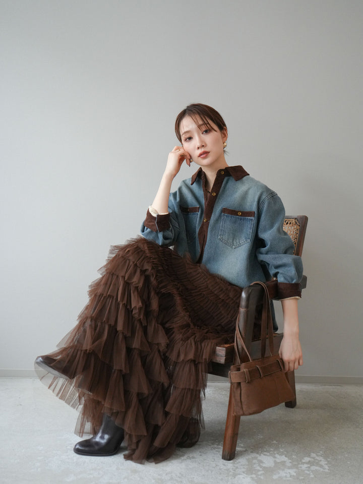 [予約]裏起毛コーデュロイ襟デニムシャツジャケット/ blue