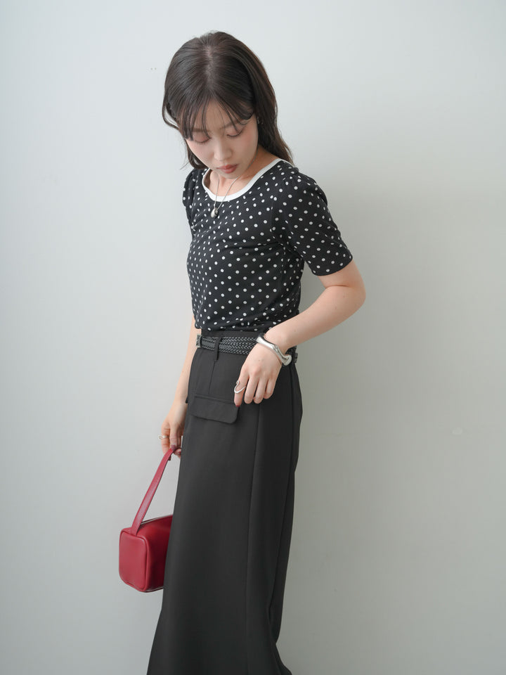 [SET]前後2wayドットバイカラーパイピングTEE+クレープデシンフラップ付きストレートスカート(2set)