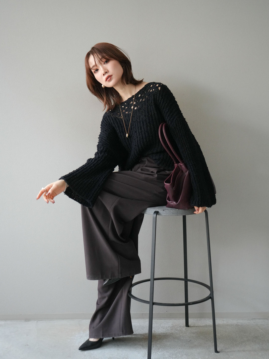 [予約]ボートネック透かし編みニットプルオーバー/navy