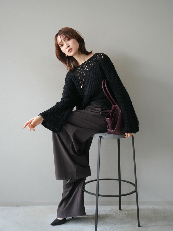 [予約]ボートネック透かし編みニットプルオーバー/navy