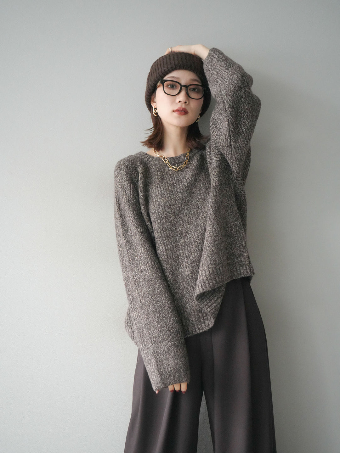 [予約]クルーネック畦編みミックスニット/brown