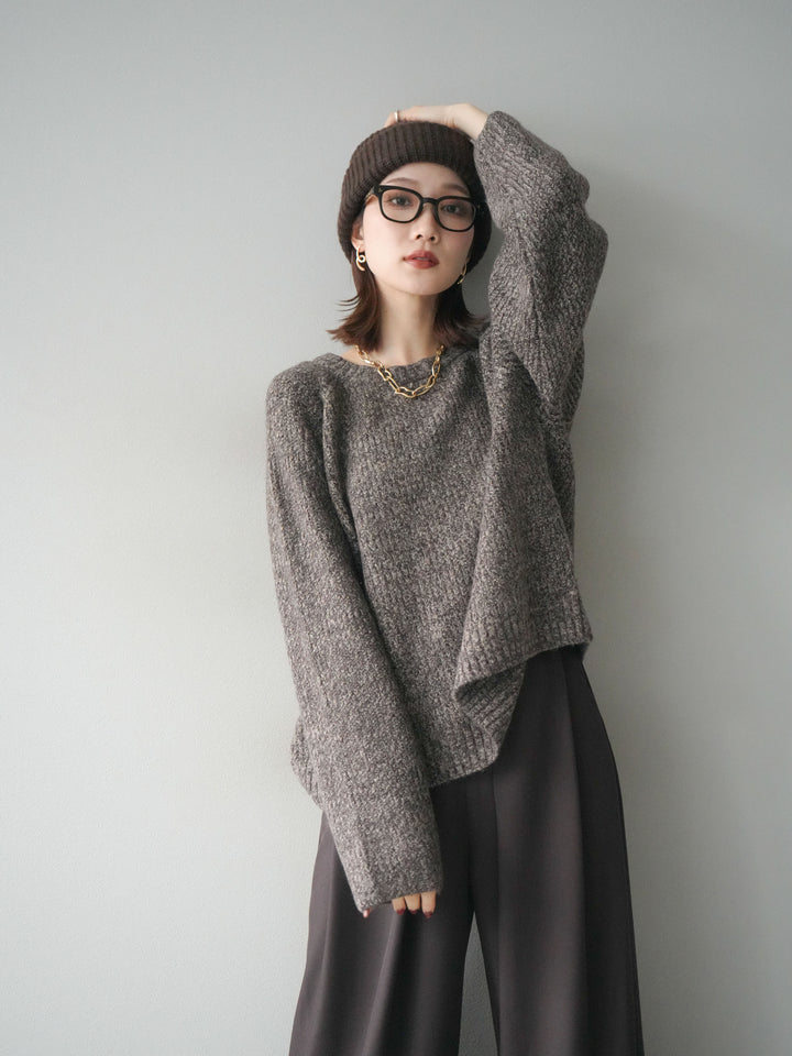 [予約]クルーネック畦編みミックスニット/brown