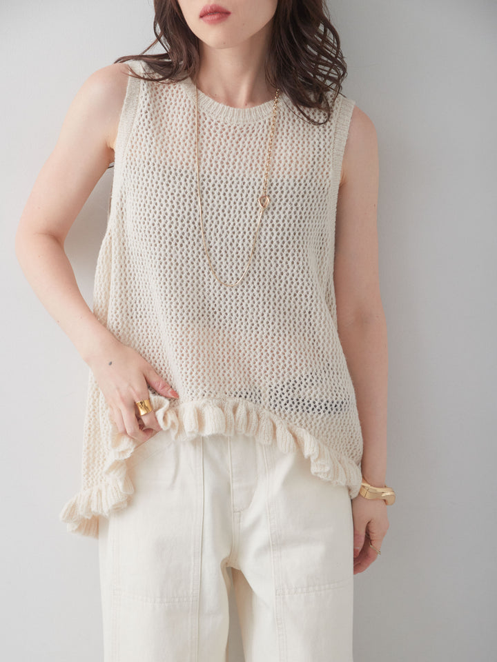 [SET]透かし編みヘムフリルノースリニットトップス+透かし編みヘムフリルノースリニットトップス(2set)