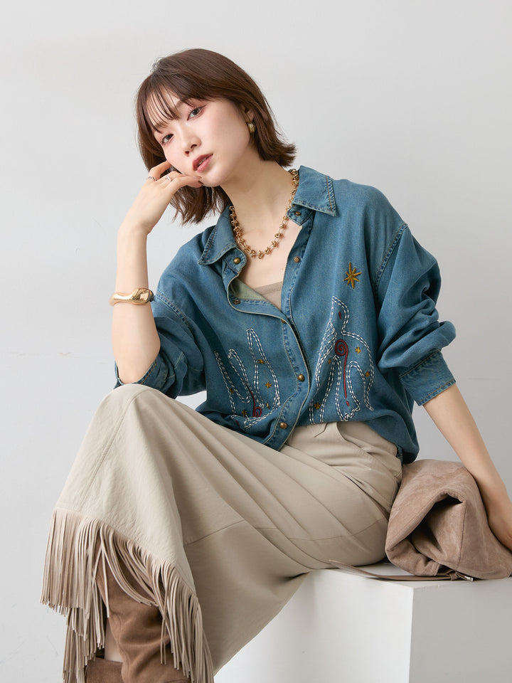 [SET]モチーフ刺繍デニムシャツ+選べるアクセセット(2set)