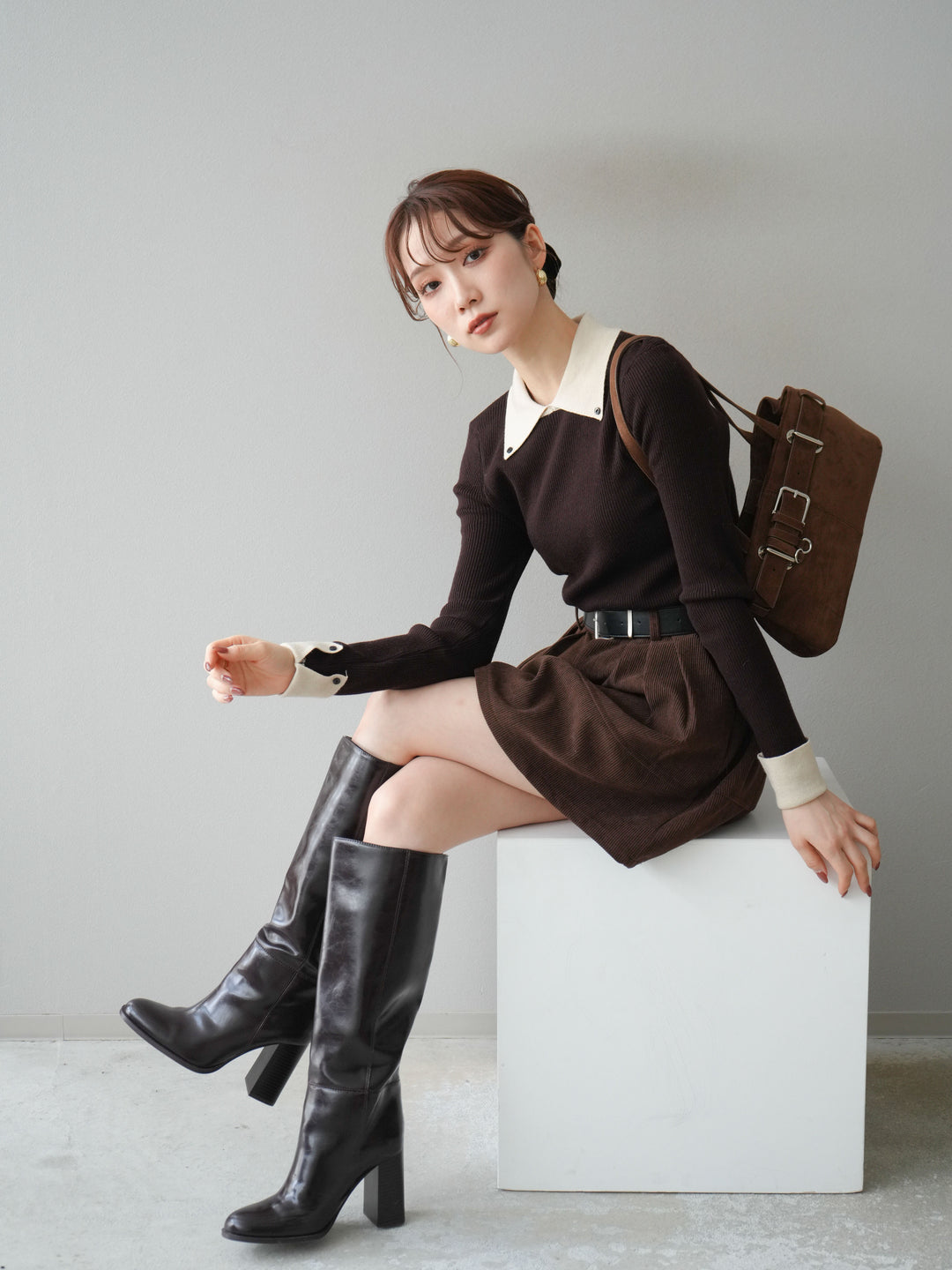 [予約]ニットカフス襟付き配色リブニットトップス/brown