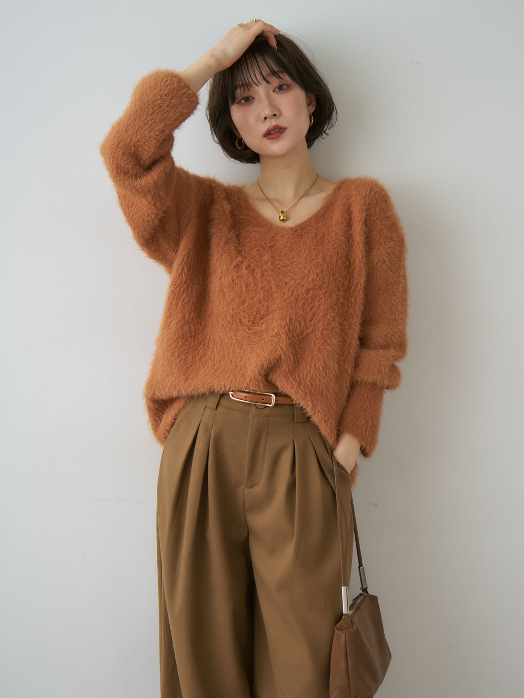 [予約]シャギーVネックニットトップス/orange