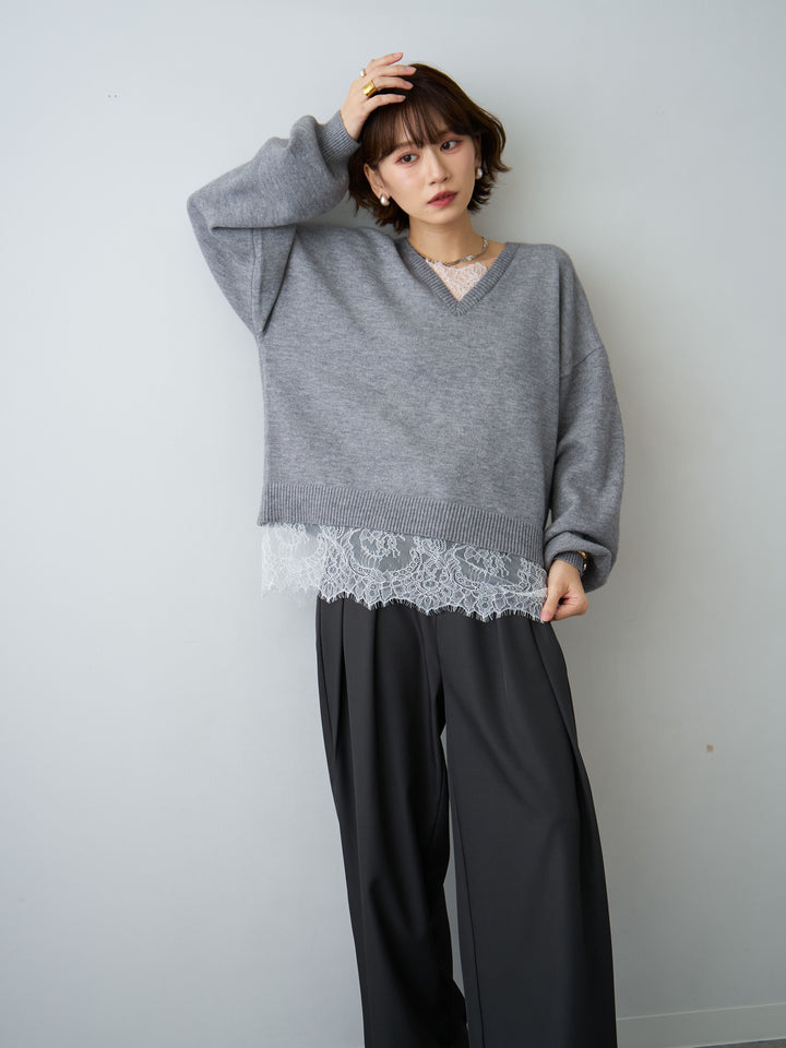 [予約]アルパカタッチレースドッキングVネックニットトップス/mokugray