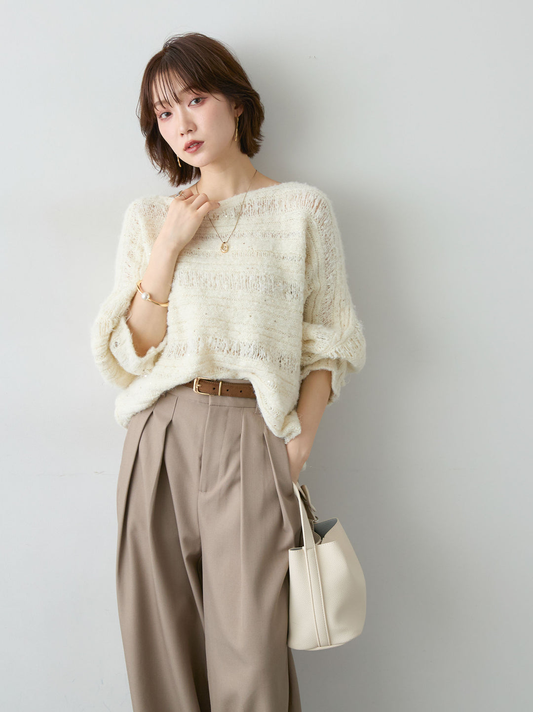 [SET]ミックス透かし編ワイドネックニットトップス+ツイルタックワイドパンツ(2set)