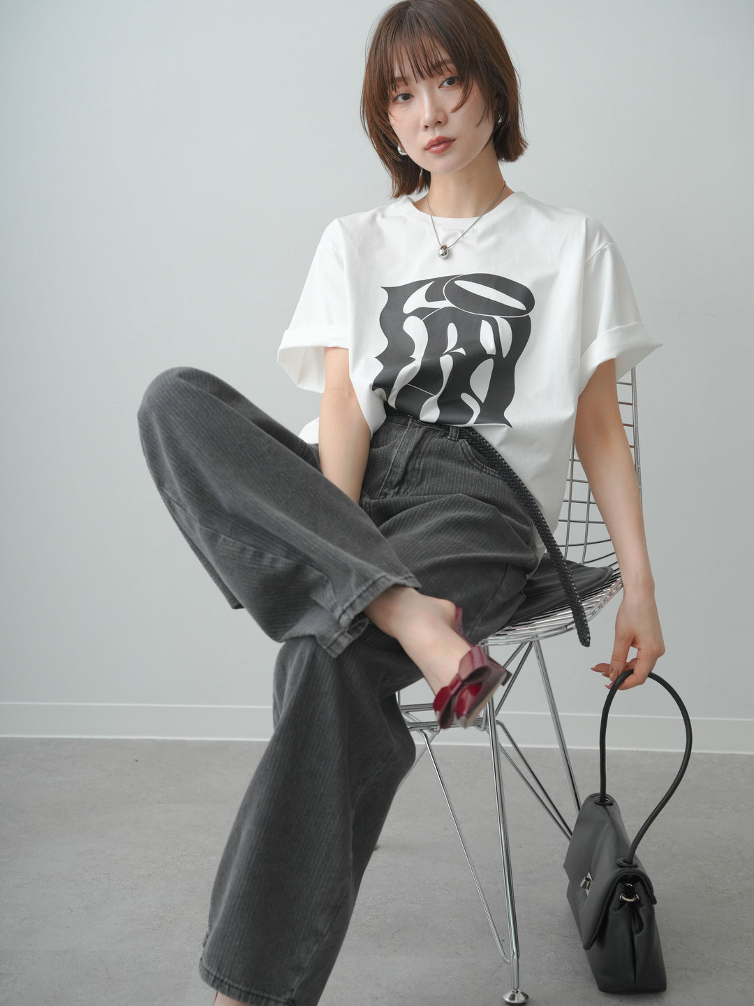 [SET]クールタッチアートロゴオーバーTEE+ニュアンスウォッシュカーブデニム(2set)