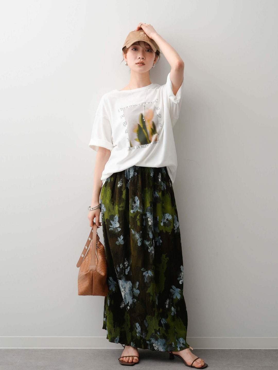 【着回しセット】フラワーフォトTEE+フラワープリントドレープタックパンツ+フラワープリントIラインギャザースカート(3set)
