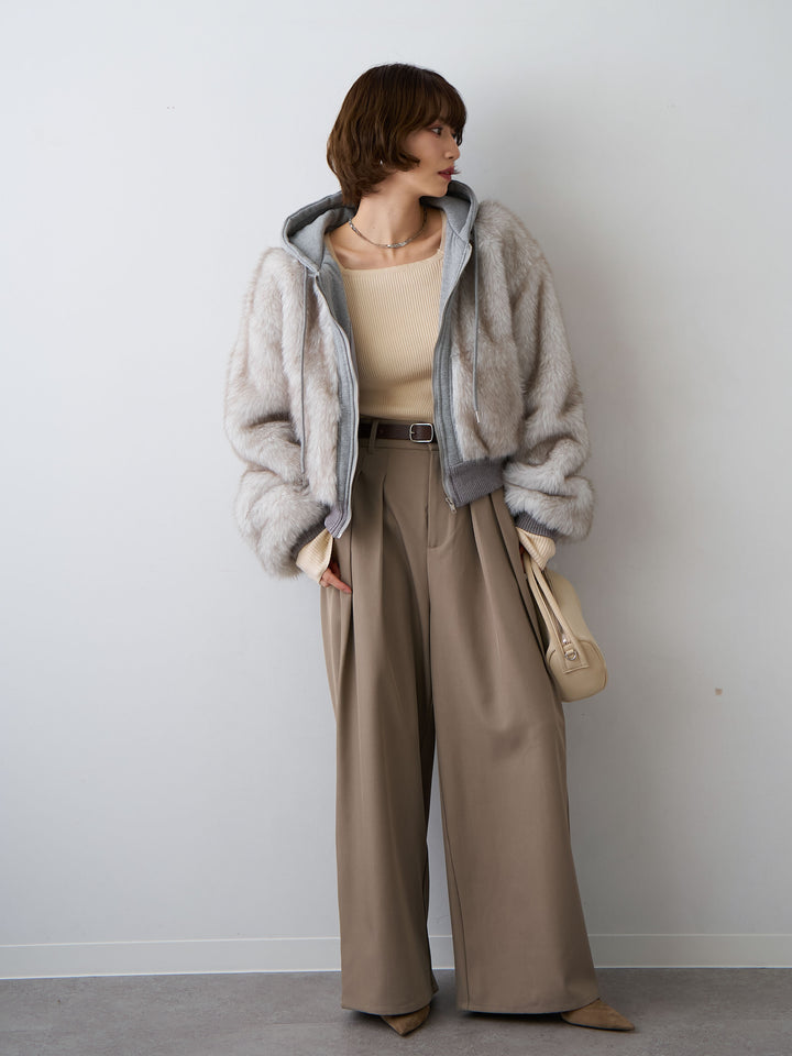 [SET]スウェットファードッキングフードブルゾン+ツイルタックワイドパンツ(2set)