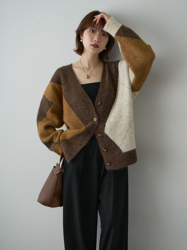 [予約]アーガイルオーバーニットカーディガン/yellow