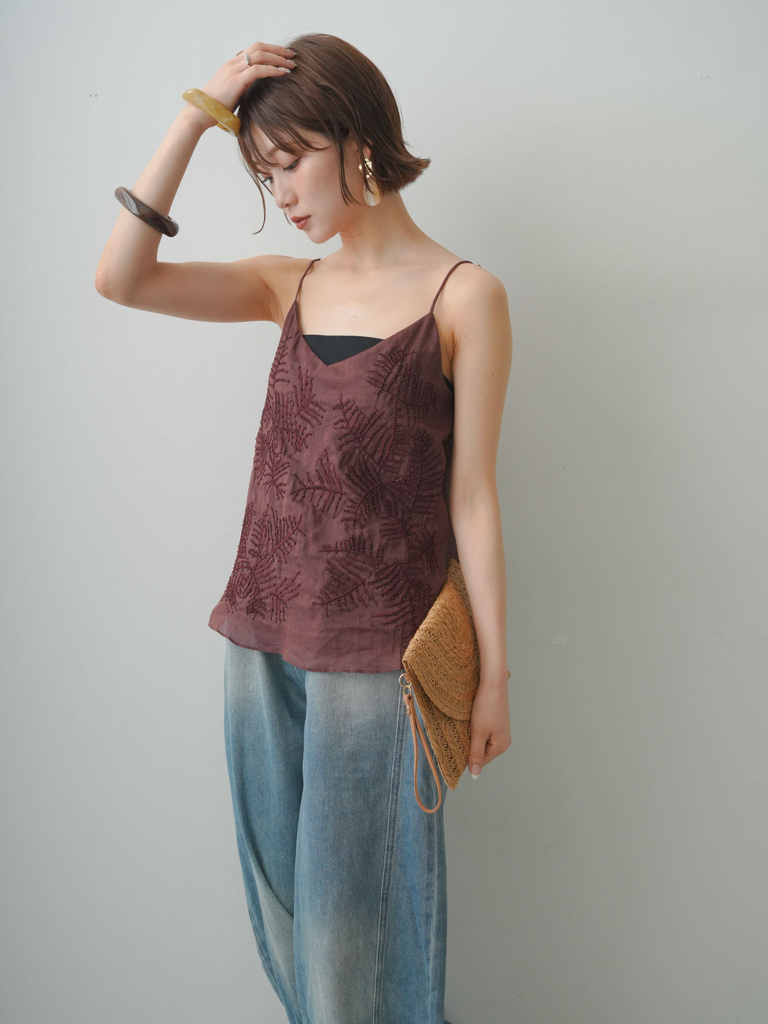 【套裝】棕櫚珠刺繡吊帶背心+輕薄復古風牛仔褲（兩件套）