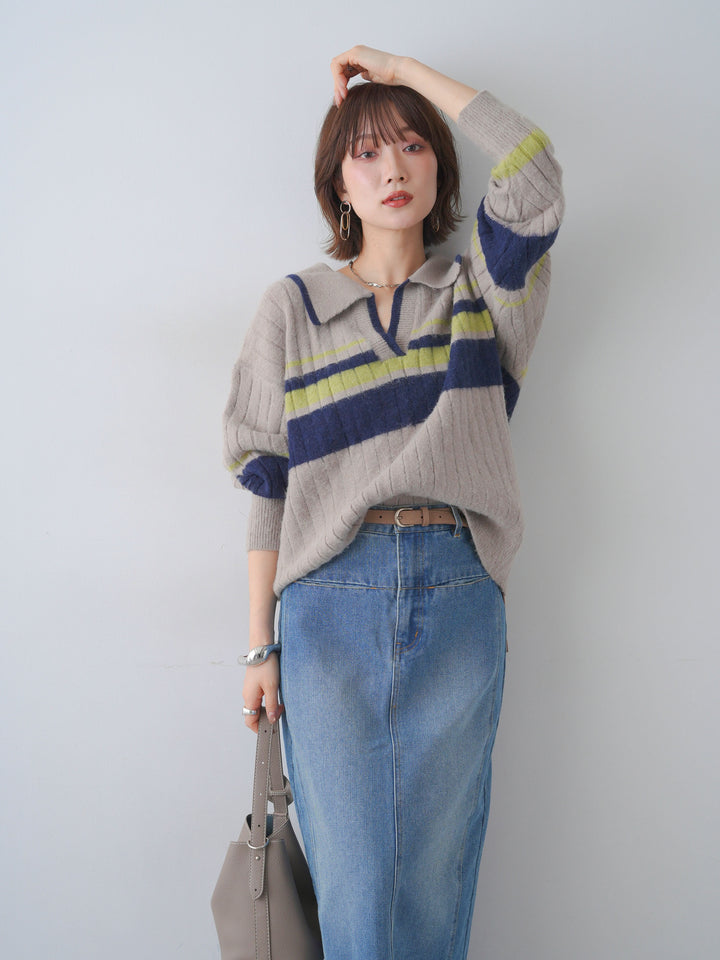 [予約]マルチボーダー起毛スキッパーニットトップス/greige