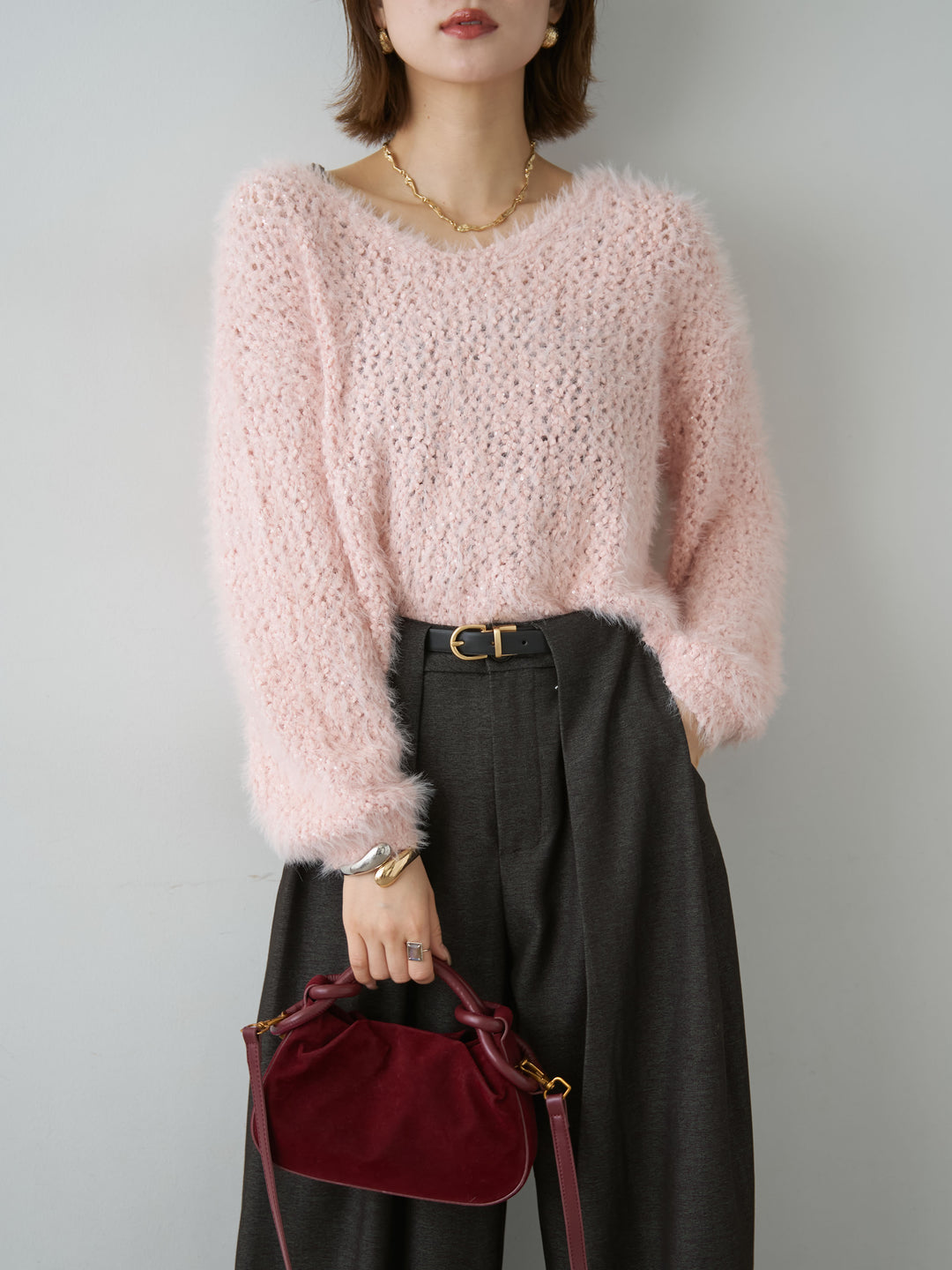[予約]スパンラメシャギーVネックニットトップス/pink